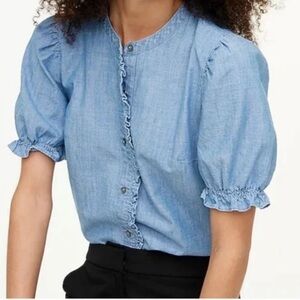 Chambray puff-sleeve ruffle top- denim. Flattering style. Smoke-free home.